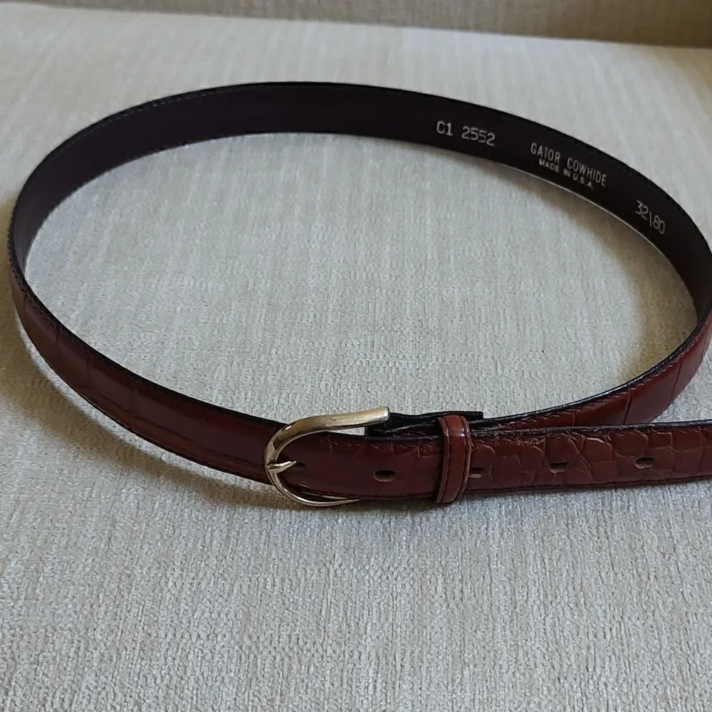 Gator Cowhide Brown Leather Belt Gold Buckle Size 32